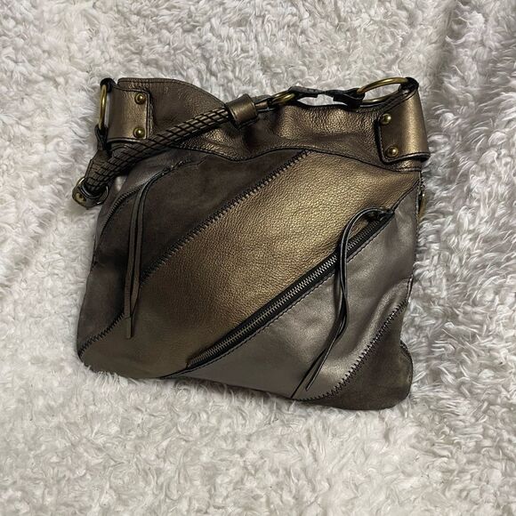 Fossil Patchwork Bronze​ ,Brown Suede Leather Medium Shoulder Handbag . - Picture 2 of 11